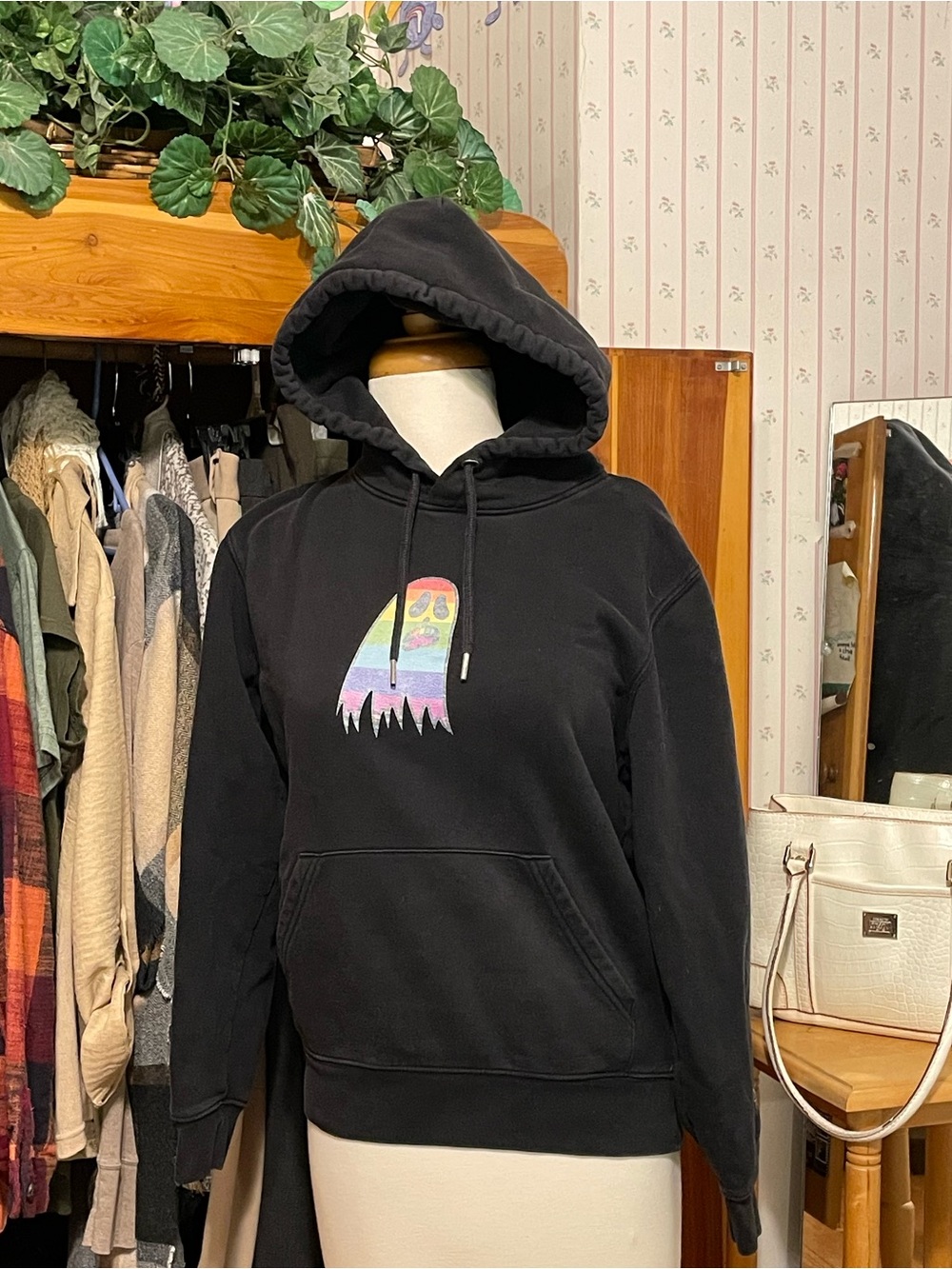 Internet Sensation Black Hoodie Sweatshirt with Rainbow Ghost Graphic Unisex XS